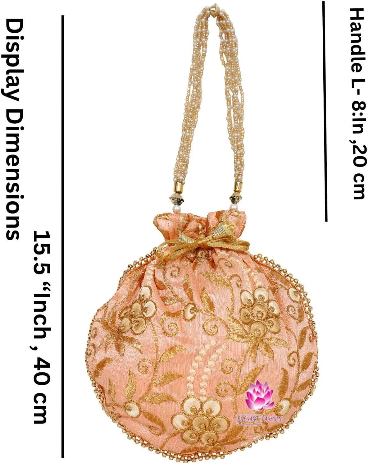 Potli Bag for Women Ethnic Gold, Pearl Handle Floral Accents, Drawstring Closure Pearls Handle Batwa Clutch Purse