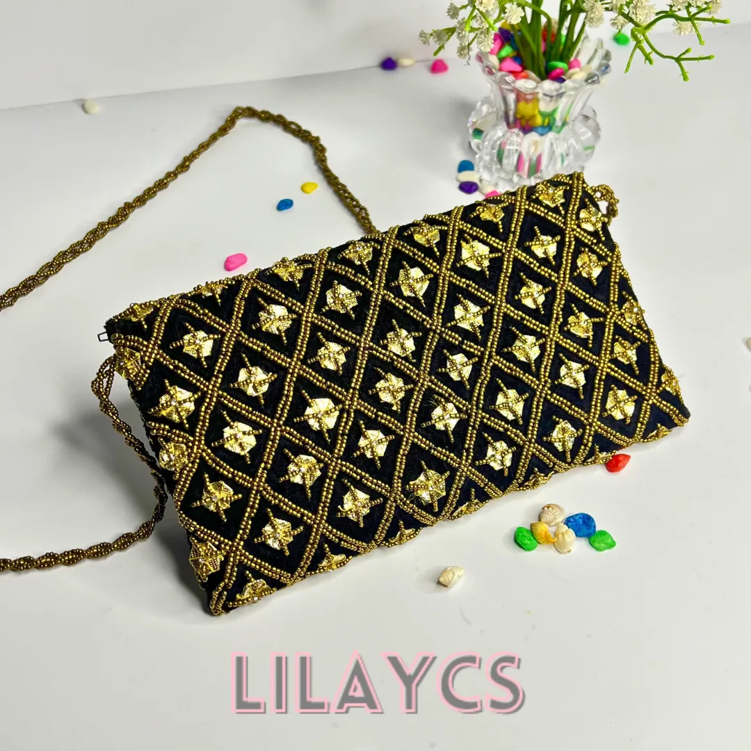 Premium Black and Gold Beaded Clutch