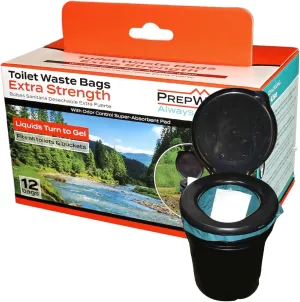 PrepWell Toilet Waste Bags Extra Strength with Super Absorbent Pad (12 Count) - with Advanced Odor Control System - Extra Large - Fits All Buckets and Camping Toilets (Extra Strength, 12)