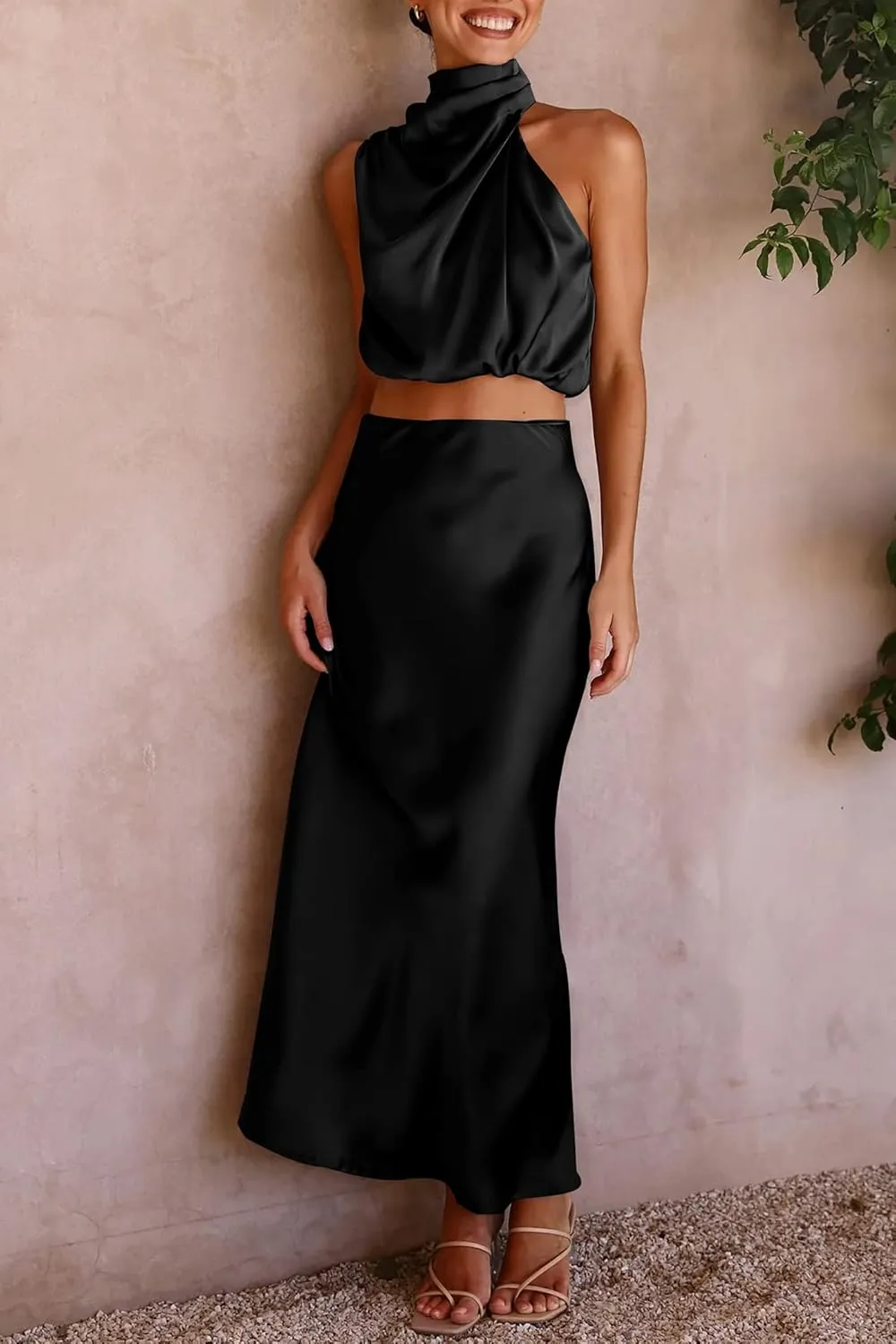 PRETTYGARDEN Women's 2 Piece Satin Outfits Summer Sleeveless Mock Neck Crop Tops and Long Skirt Dress Sets