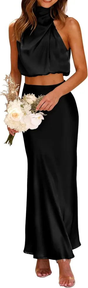 PRETTYGARDEN Women's 2 Piece Satin Outfits Summer Sleeveless Mock Neck Crop Tops and Long Skirt Dress Sets