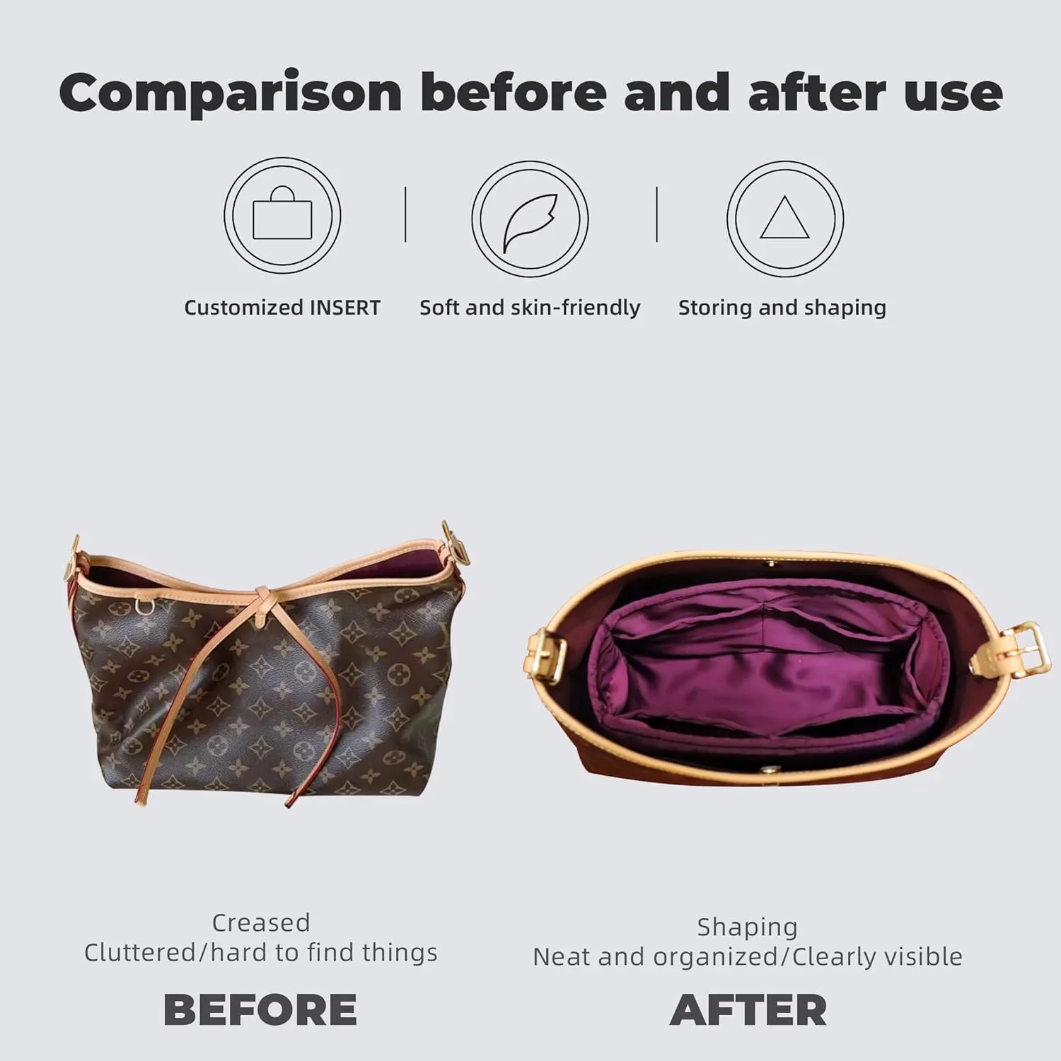 Purse Handbag Silky Organizer Insert Keep Bag Shape Fits LV Caryyall PM/MM bags, Luxury Handbag Tote Lightweight Sturdy(Carryall PM,Fuchsia)