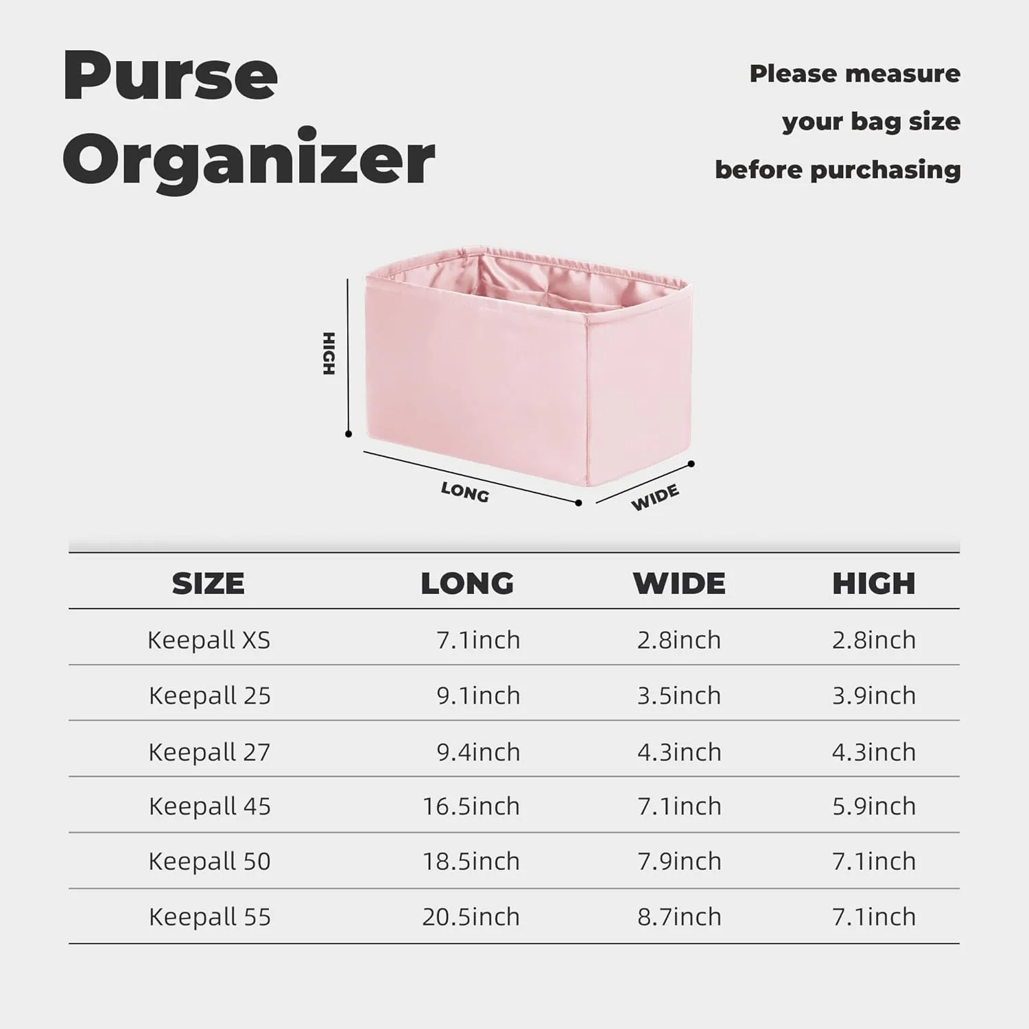 Purse Handbag Silky Organizer Insert Keep Bag Shape Fits LV Keepall XS/25/27/45/50/55 bags, Luxury Handbag Tote Lightweight Sturdy(Keepall 45,Pink)