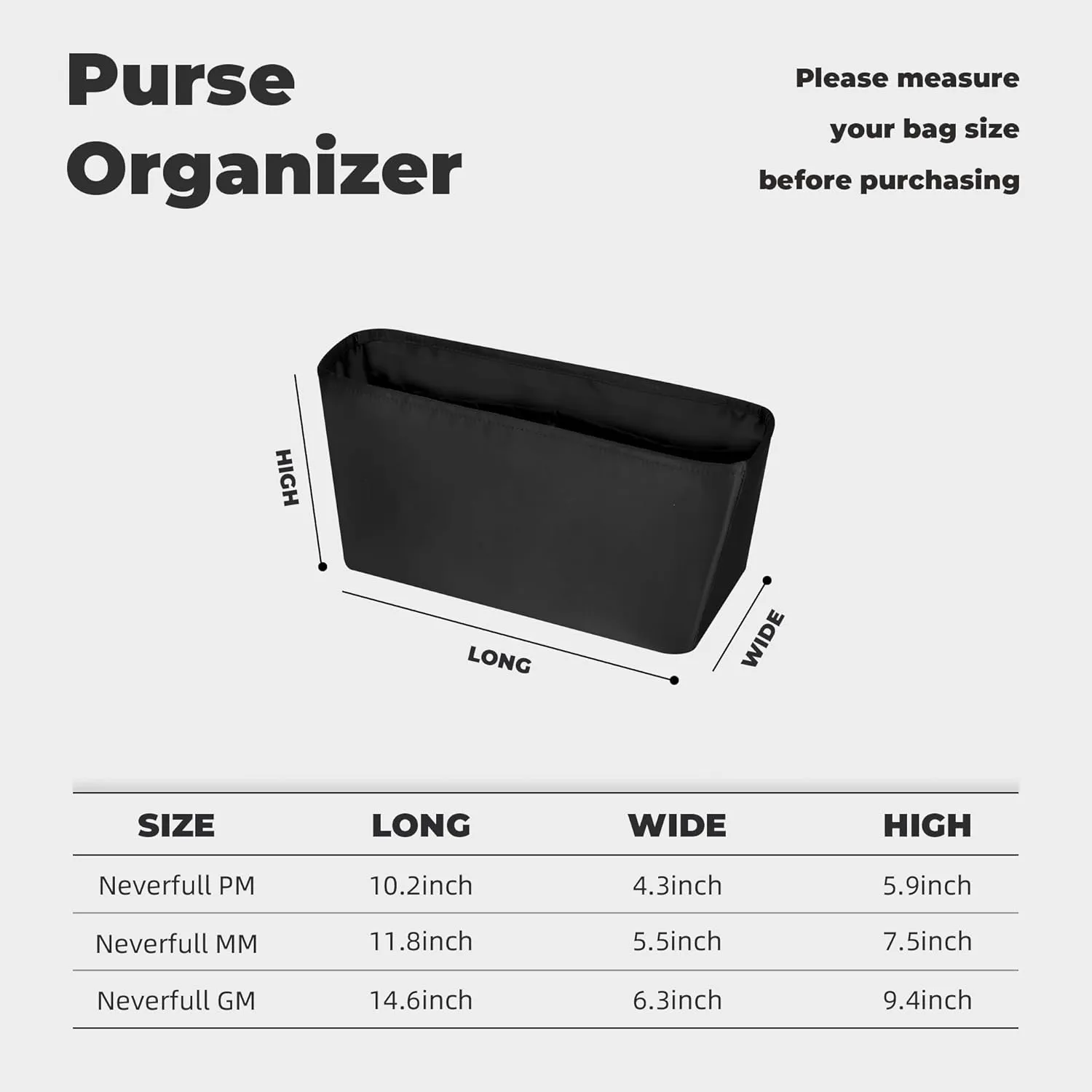 Purse Handbag Silky Organizer Insert Keep Bag Shape Fits LV-Neverfull-PM/MM/GM Bags, Luxury Handbag Tote Lightweight Sturdy(Black, Neverfull-MM)