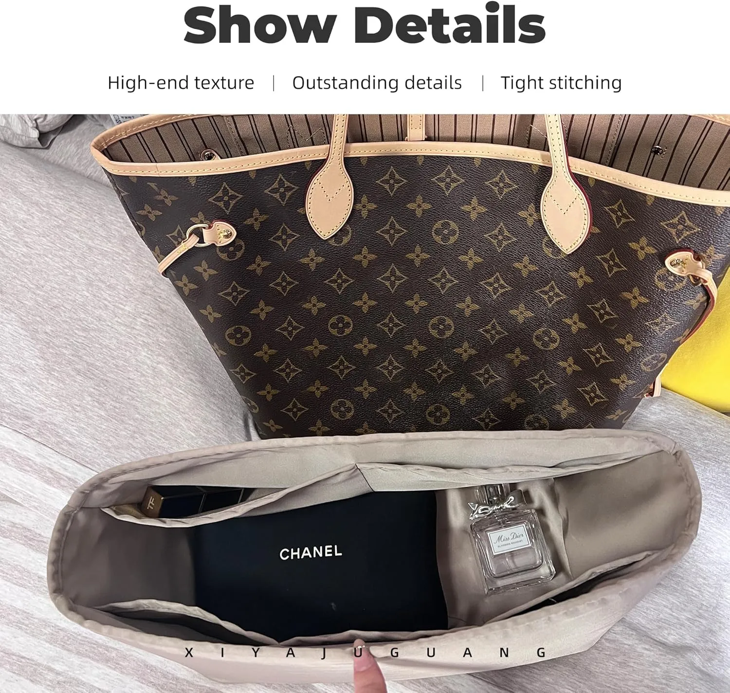 Purse Handbag Silky Organizer Insert Keep Bag Shape Fits LV-Neverfull-PM/MM/GM Bags, Luxury Handbag Tote Lightweight Sturdy(Cris tourterelle, Neverfull-MM)