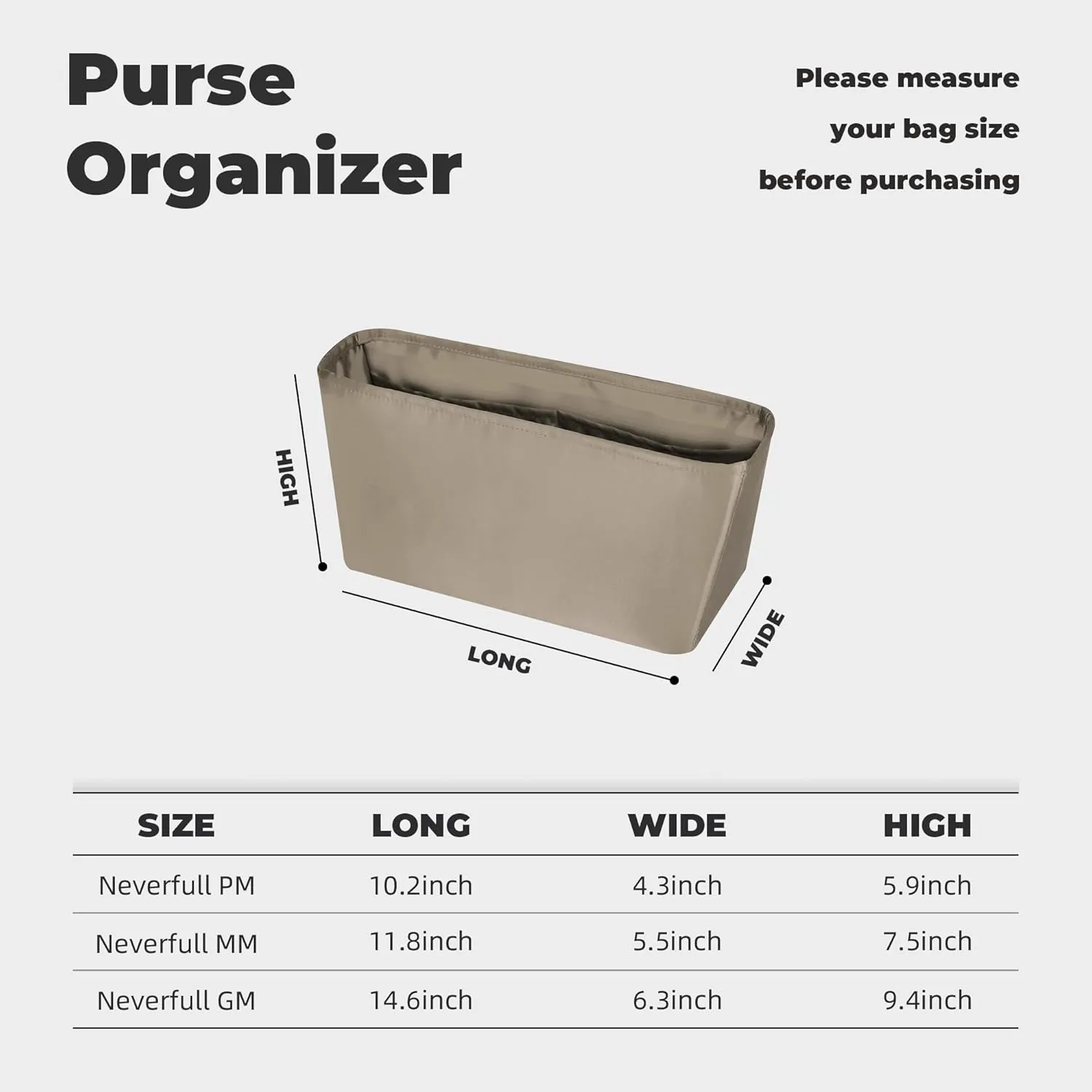 Purse Handbag Silky Organizer Insert Keep Bag Shape Fits LV-Neverfull-PM/MM/GM Bags, Luxury Handbag Tote Lightweight Sturdy(Cris tourterelle, Neverfull-MM)