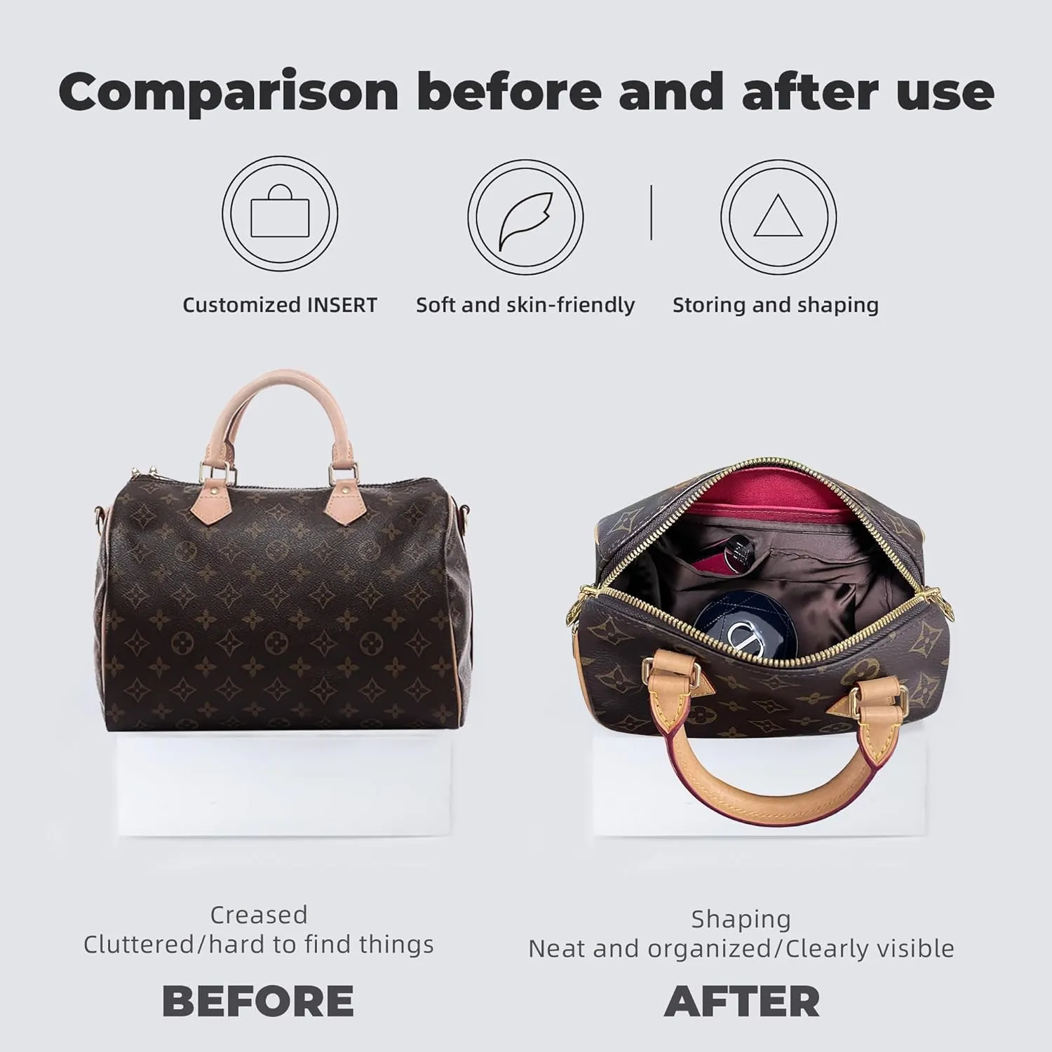 Purse Handbag Silky Organizer Insert Keep Bag Shape Fits LV Speedy 16/20/25/30/35/45 bags, Luxury Handbag Tote Lightweight Sturdy(Craie, Speedy 30)