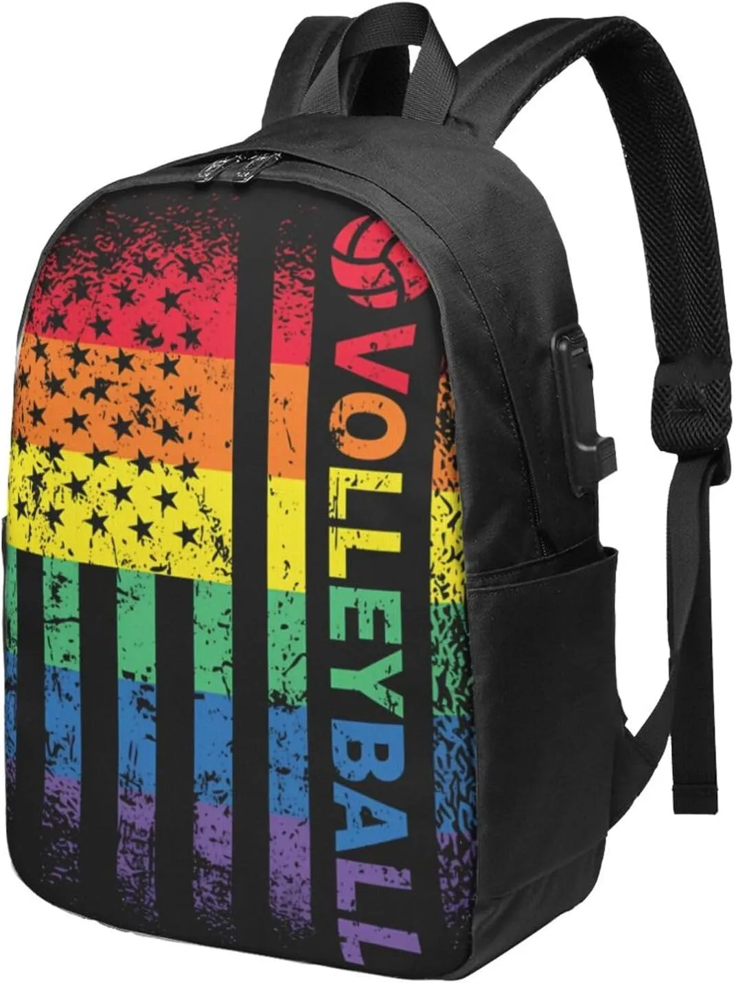 Rainbow American Flag Volleyball Gay Pride LGBTQ Sports Backpack 17 Inch Laptop Backpacks Outdoor Travel Rucksack Work Business Daypack with USB Port Carry On Bag for Cycling Hiking