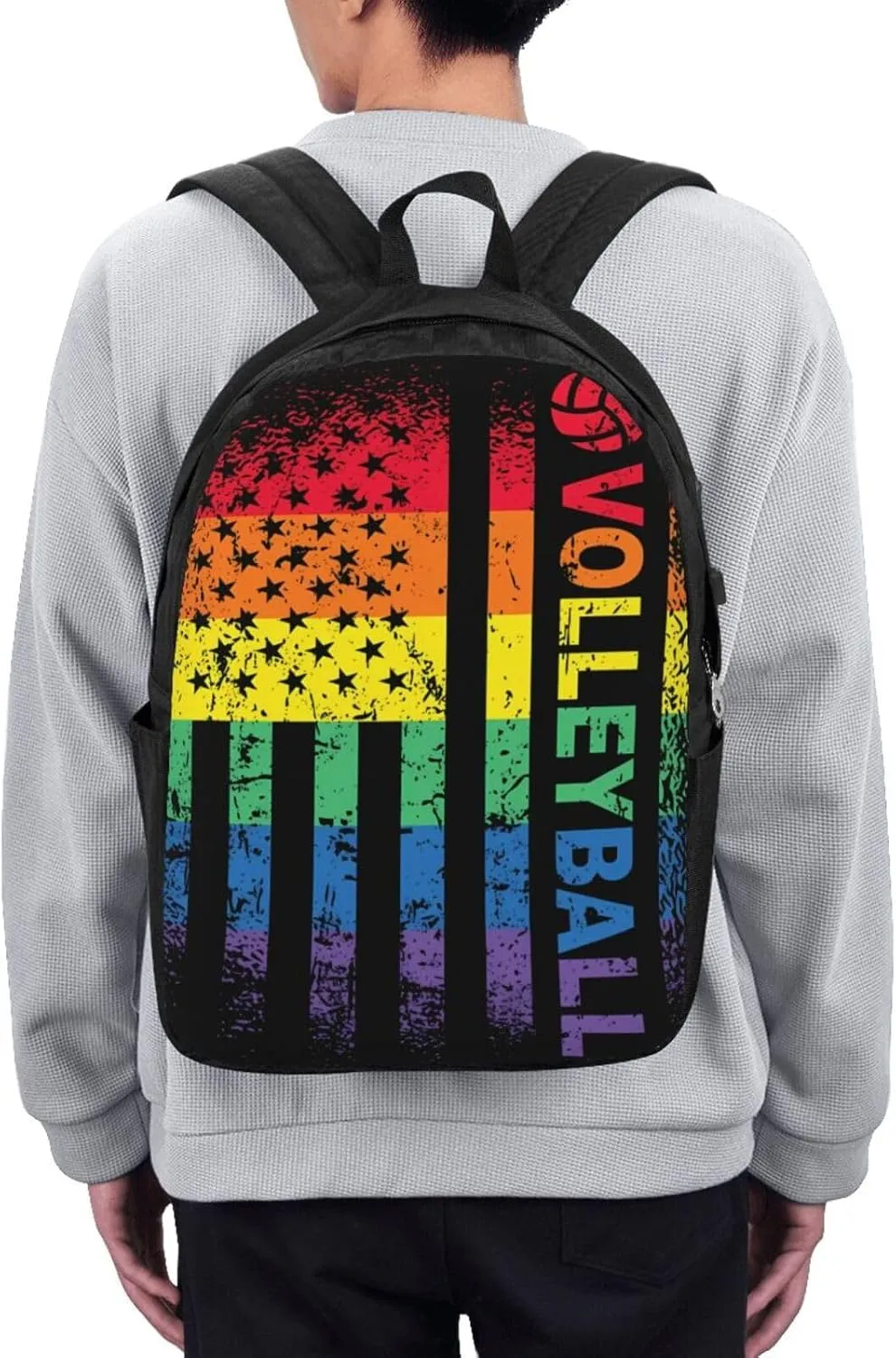 Rainbow American Flag Volleyball Gay Pride LGBTQ Sports Backpack 17 Inch Laptop Backpacks Outdoor Travel Rucksack Work Business Daypack with USB Port Carry On Bag for Cycling Hiking