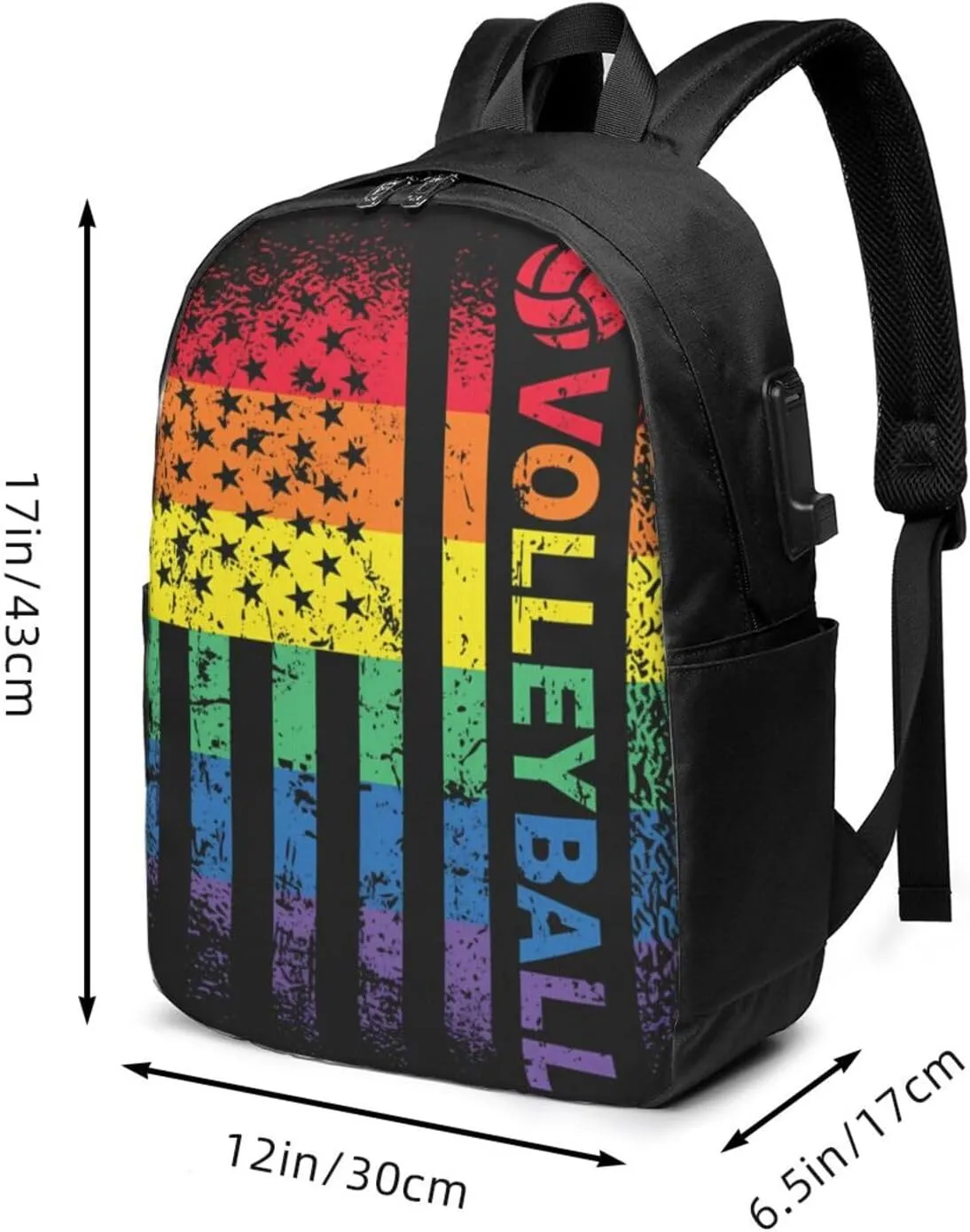 Rainbow American Flag Volleyball Gay Pride LGBTQ Sports Backpack 17 Inch Laptop Backpacks Outdoor Travel Rucksack Work Business Daypack with USB Port Carry On Bag for Cycling Hiking