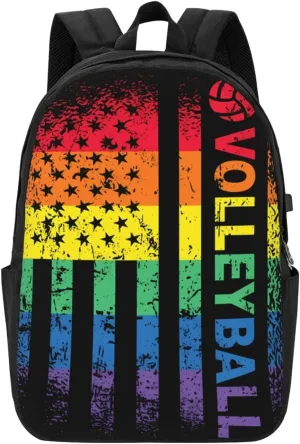 Rainbow American Flag Volleyball Gay Pride LGBTQ Sports Backpack 17 Inch Laptop Backpacks Outdoor Travel Rucksack Work Business Daypack with USB Port Carry On Bag for Cycling Hiking