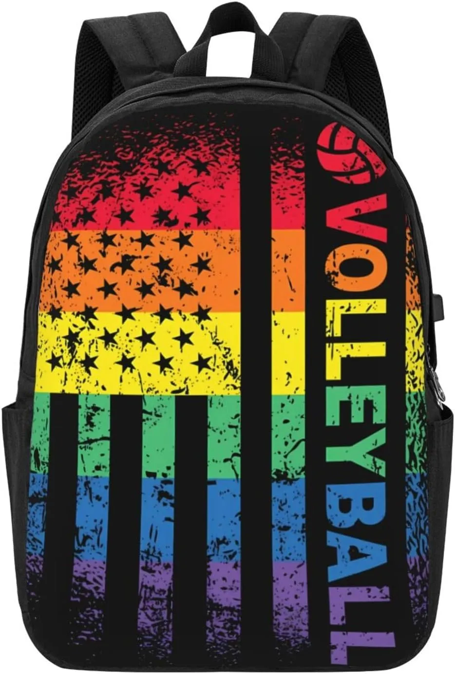 Rainbow American Flag Volleyball Gay Pride LGBTQ Sports Backpack 17 Inch Laptop Backpacks Outdoor Travel Rucksack Work Business Daypack with USB Port Carry On Bag for Cycling Hiking