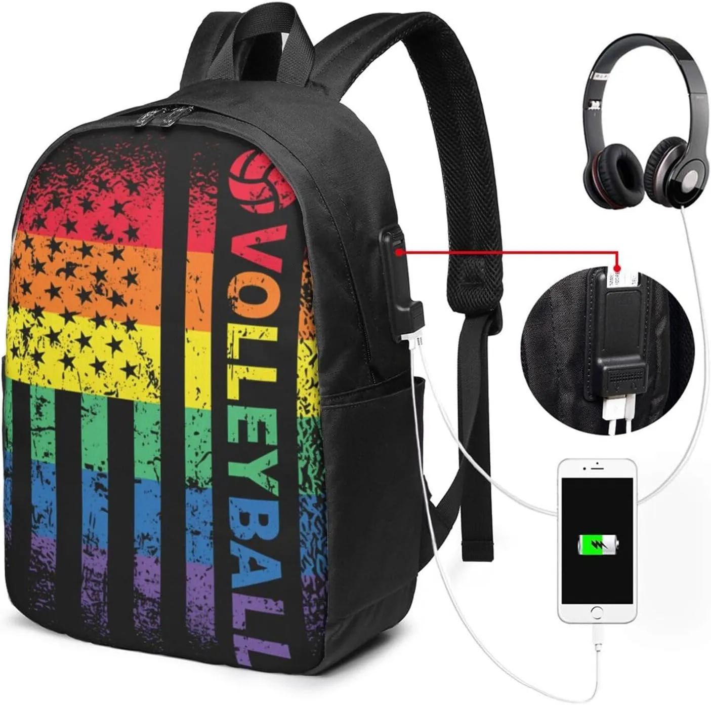 Rainbow American Flag Volleyball Gay Pride LGBTQ Sports Backpack 17 Inch Laptop Backpacks Outdoor Travel Rucksack Work Business Daypack with USB Port Carry On Bag for Cycling Hiking