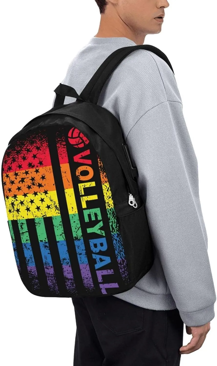 Rainbow American Flag Volleyball Gay Pride LGBTQ Sports Backpack 17 Inch Laptop Backpacks Outdoor Travel Rucksack Work Business Daypack with USB Port Carry On Bag for Cycling Hiking