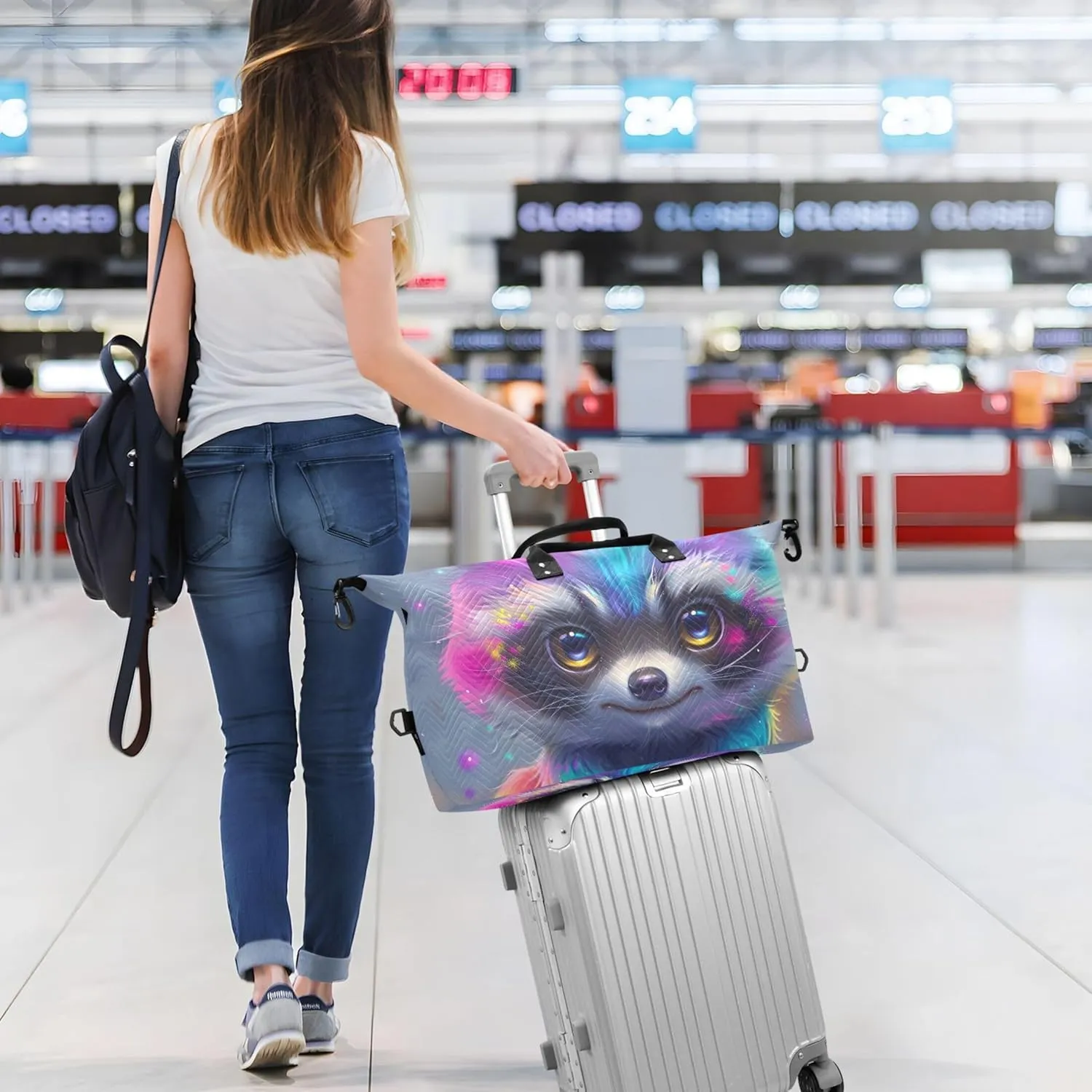 Rainbow Colored Raccoon Duffel Bags for Traveling Make up Bags Set of 2, Funny Women Small Gym Bag Carry on Bags for Airplanes