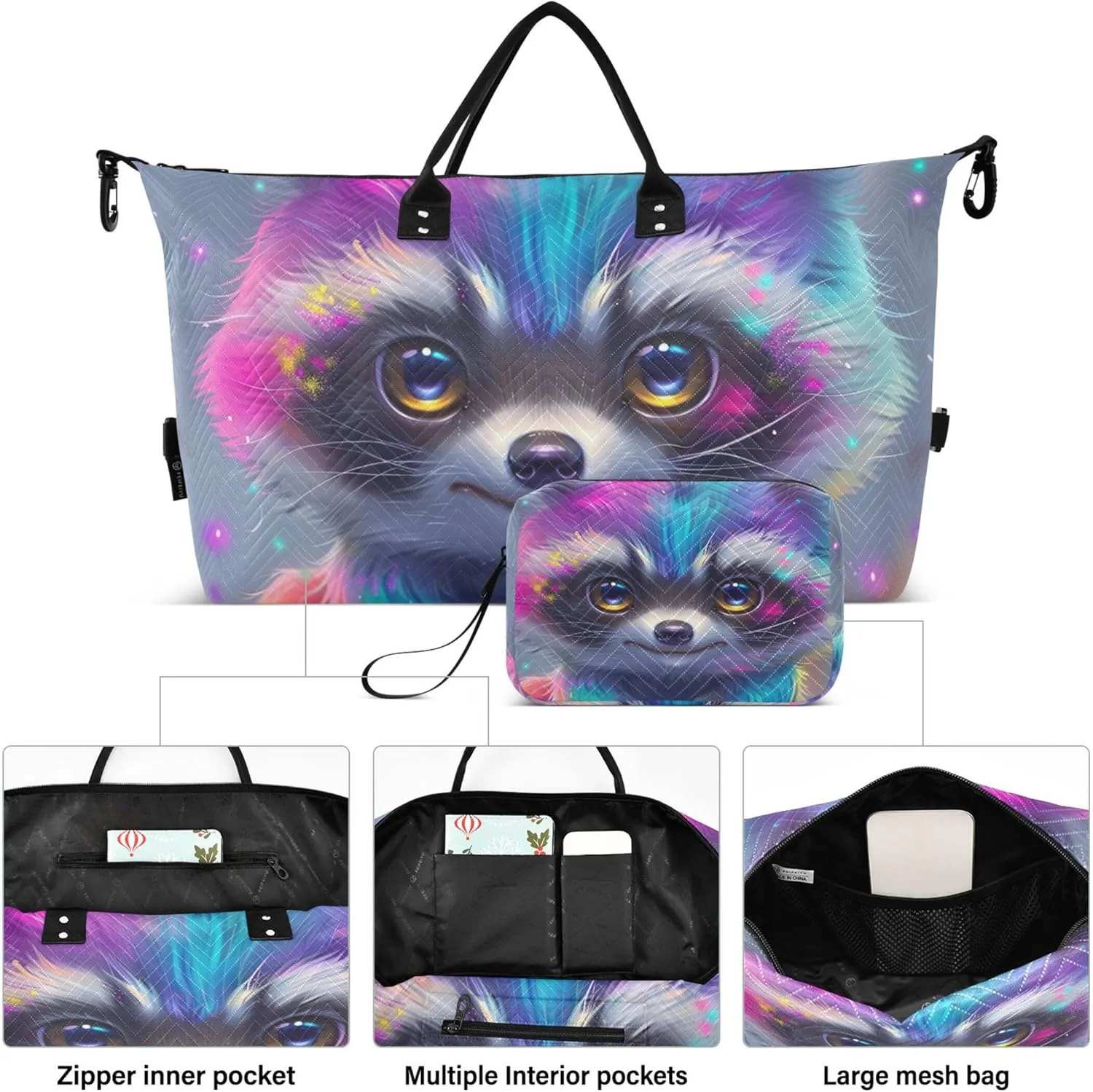 Rainbow Colored Raccoon Duffel Bags for Traveling Make up Bags Set of 2, Funny Women Small Gym Bag Carry on Bags for Airplanes