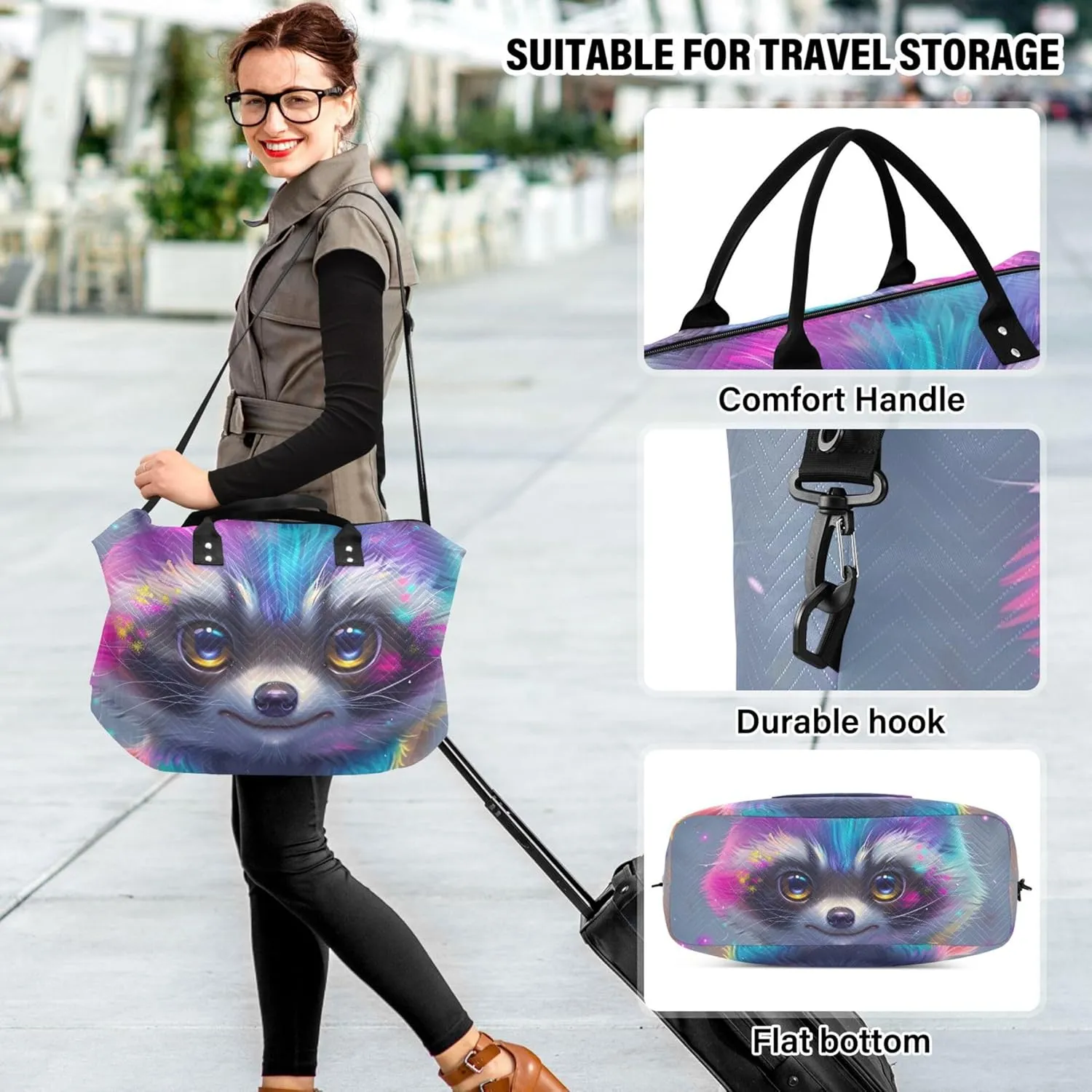 Rainbow Colored Raccoon Duffel Bags for Traveling Make up Bags Set of 2, Funny Women Small Gym Bag Carry on Bags for Airplanes