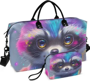Rainbow Colored Raccoon Duffel Bags for Traveling Make up Bags Set of 2, Funny Women Small Gym Bag Carry on Bags for Airplanes