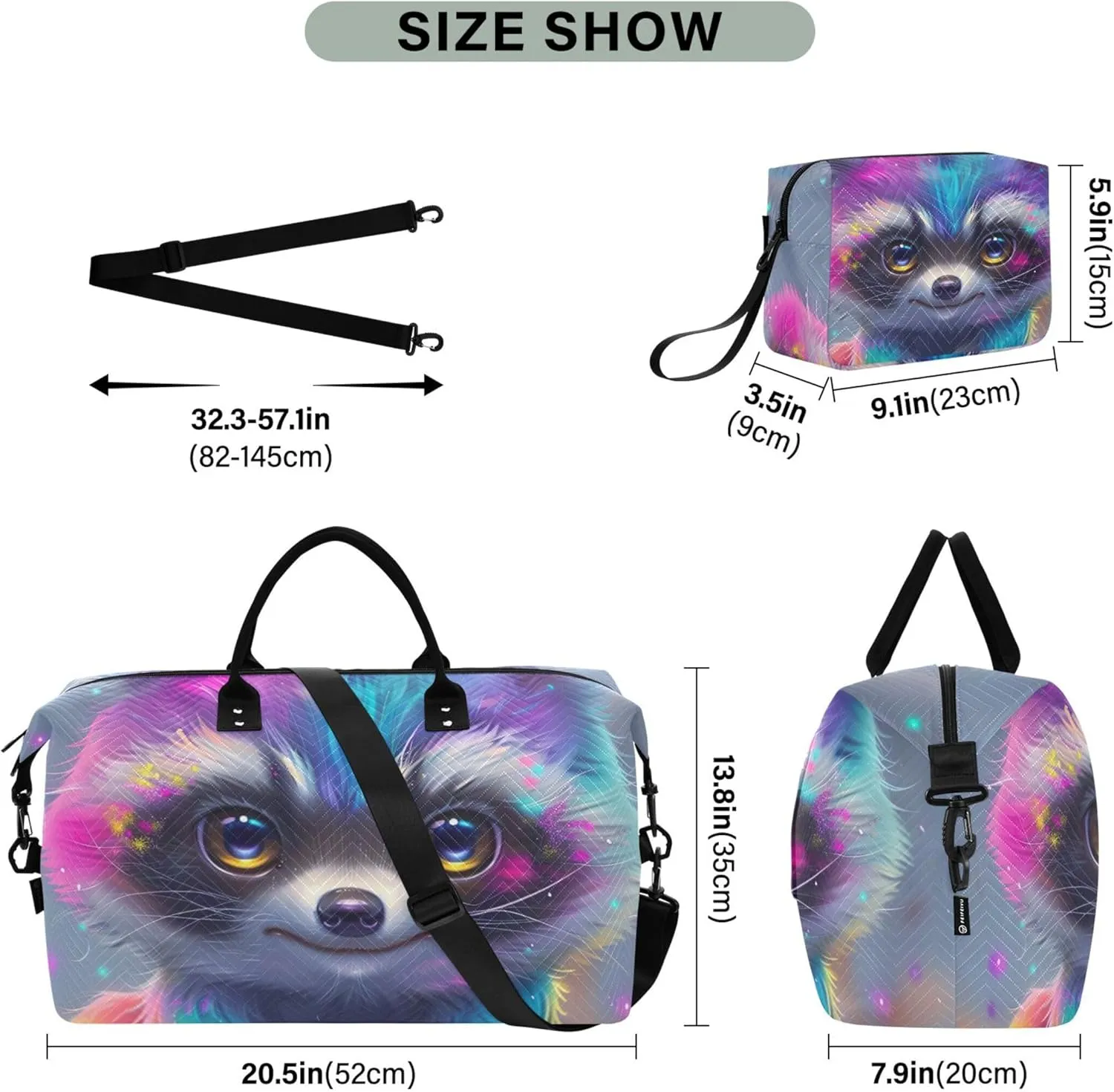 Rainbow Colored Raccoon Duffel Bags for Traveling Make up Bags Set of 2, Funny Women Small Gym Bag Carry on Bags for Airplanes