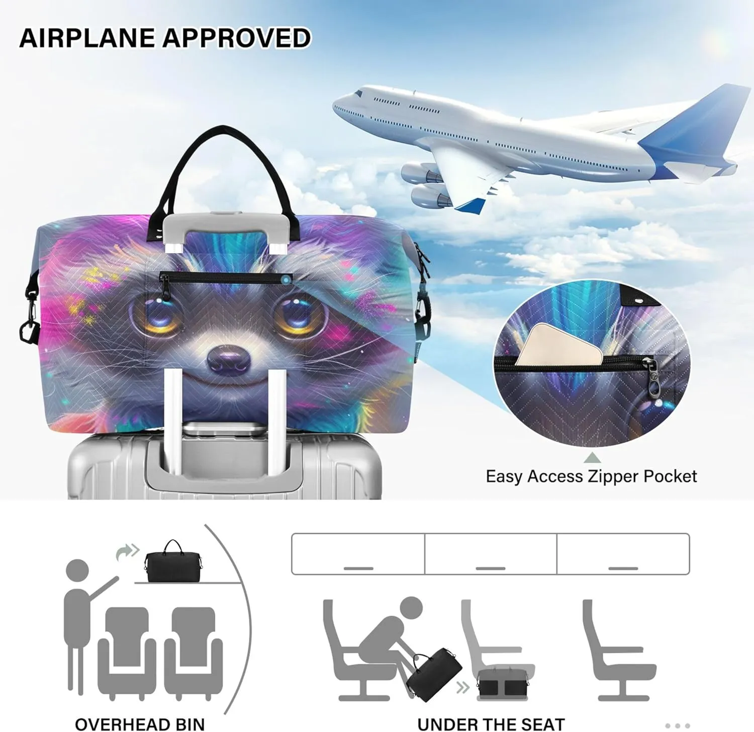 Rainbow Colored Raccoon Duffel Bags for Traveling Make up Bags Set of 2, Funny Women Small Gym Bag Carry on Bags for Airplanes