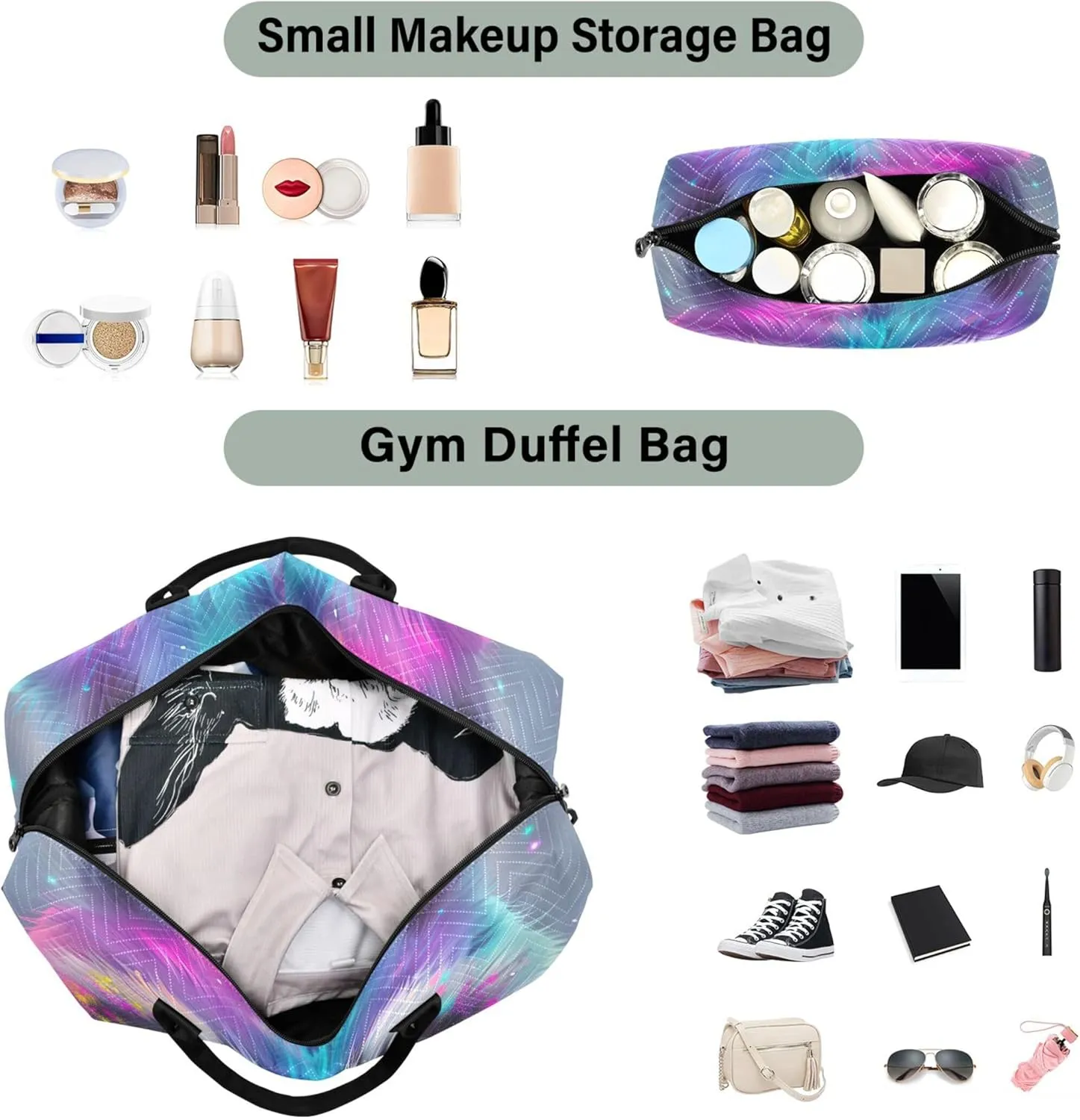 Rainbow Colored Raccoon Duffel Bags for Traveling Make up Bags Set of 2, Funny Women Small Gym Bag Carry on Bags for Airplanes