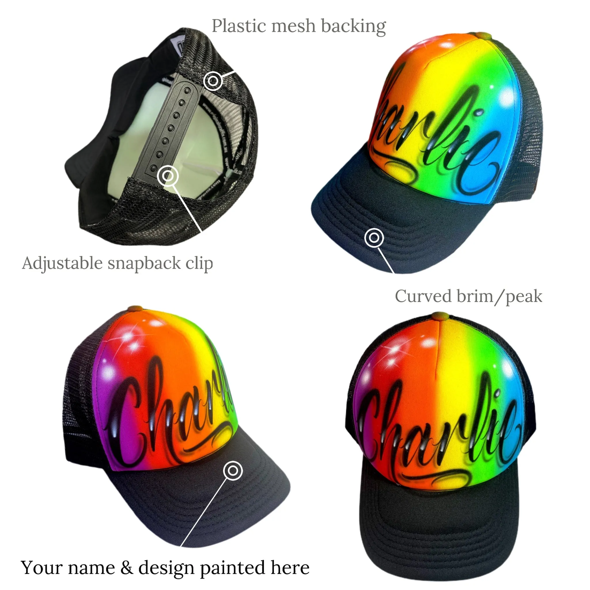 Rainbow Script Style - Custom Combo (7) 1x TruckerCap, 1x Backpack, 1x Lunchbox