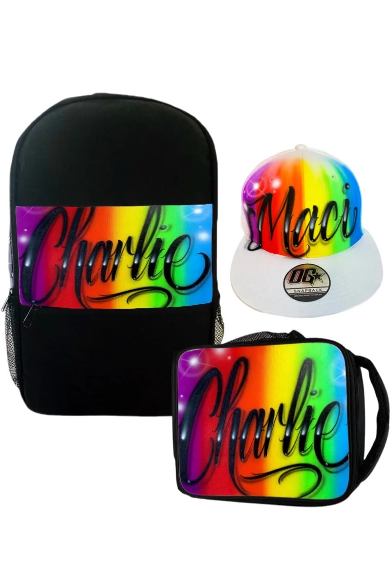 Rainbow Script Style - Custom Combo (7) 1x TruckerCap, 1x Backpack, 1x Lunchbox