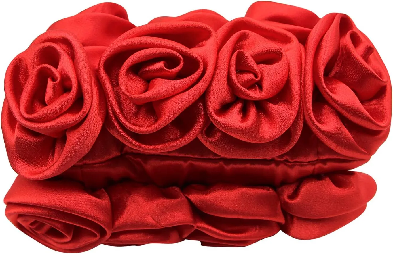 RARITYUS Women Evening Bag Silk-Like Satin Rose Shaped Clutch Handbag with Elegant Metal Handle for Party Wedding Purse