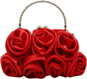 RARITYUS Women Evening Bag Silk-Like Satin Rose Shaped Clutch Handbag with Elegant Metal Handle for Party Wedding Purse