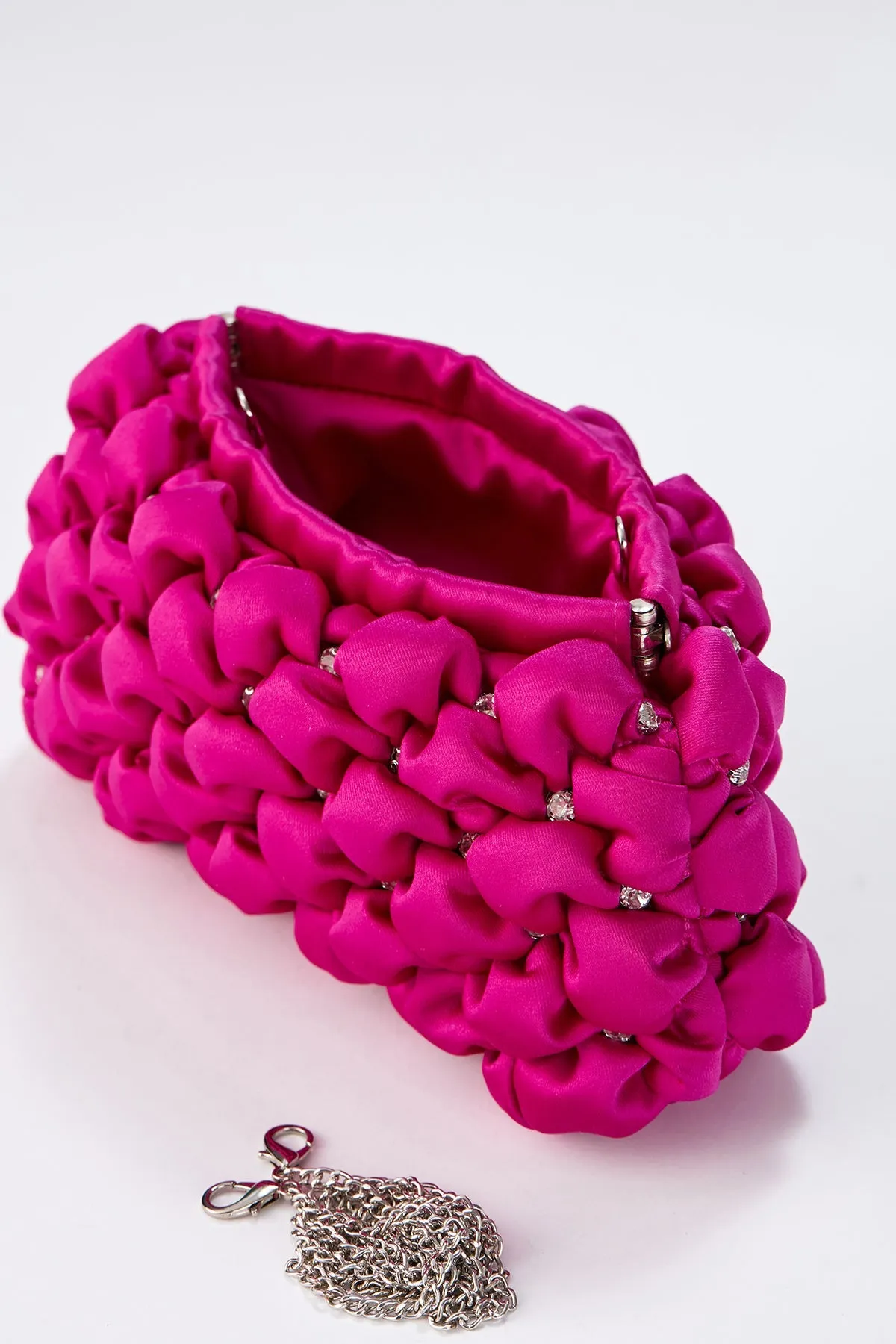 Recycled Quilted Satin Clutch Bag - Fuchsia Pink