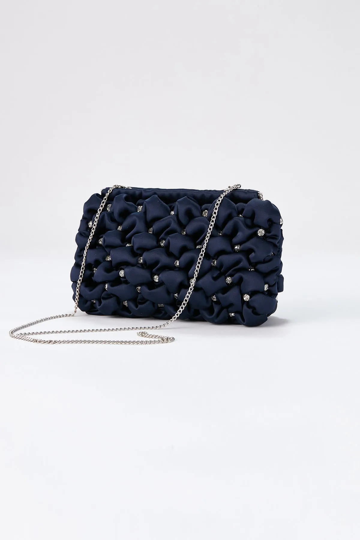 Recycled Quilted Satin Clutch Bag - Navy Blue