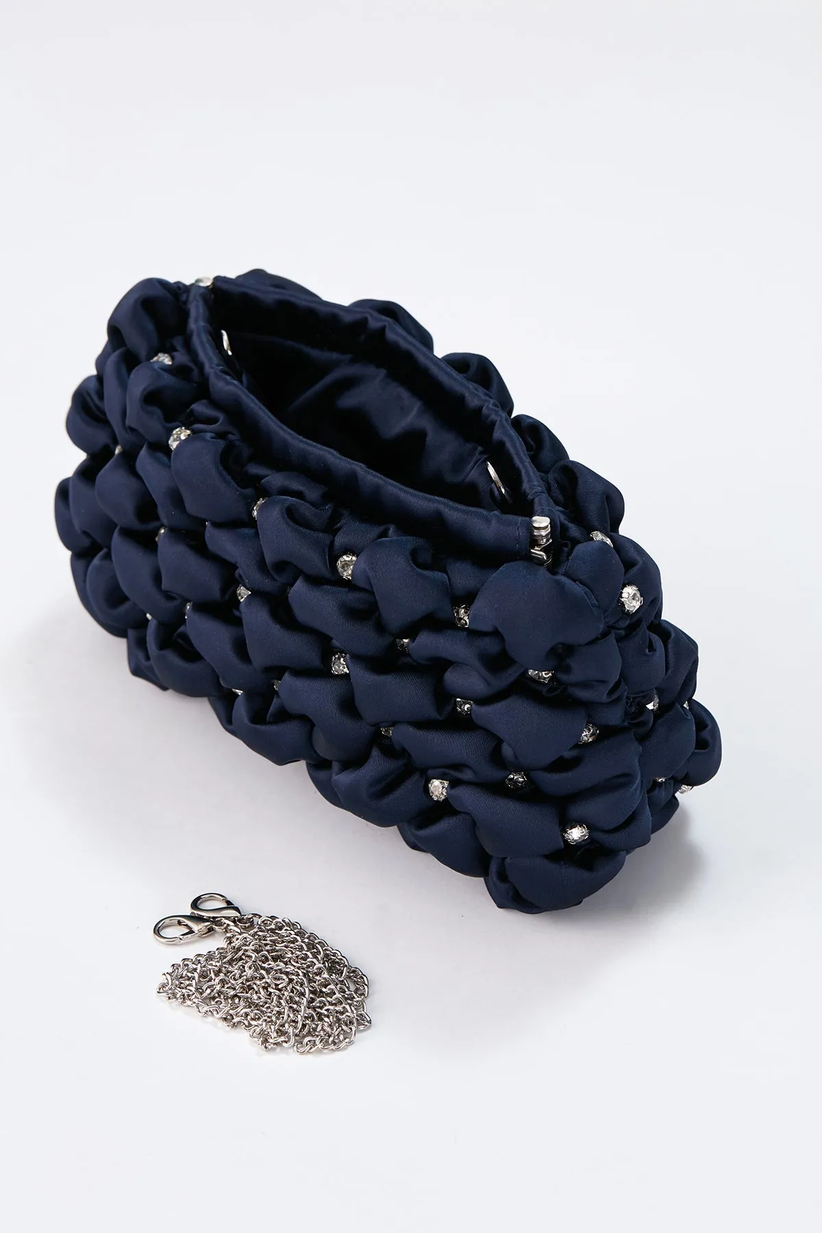 Recycled Quilted Satin Clutch Bag - Navy Blue
