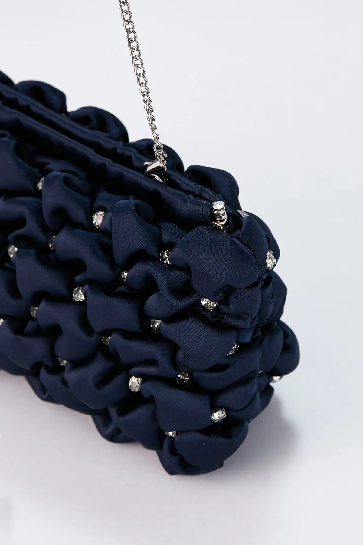Recycled Quilted Satin Clutch Bag - Navy Blue