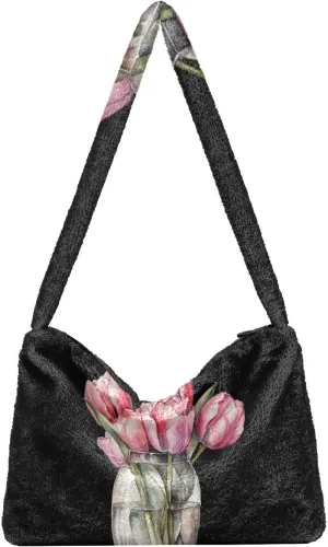 Red Beige Tricolor Premium Gray Watercolor Plush Bag, Women Handbag, Shoulder Handbag Women