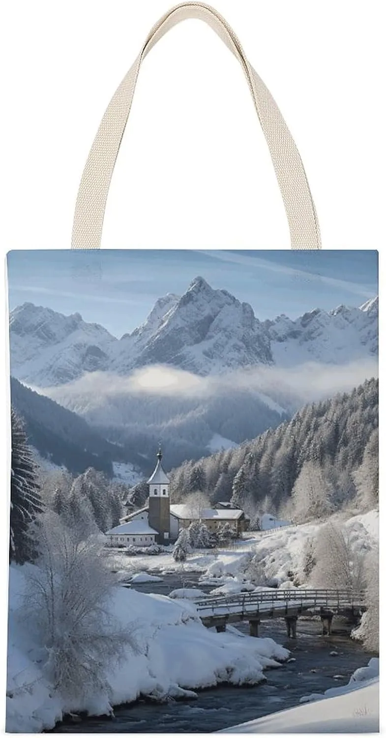 Reusable Canvas Tote Bag Winter Landscape in The Bavarian Alps Print Energetic Bag Single Sided Printed Bag Canvas Bag Personal Item Travel Bagreusable Canvas Tote Bag Print Energetic Bag Single Sided