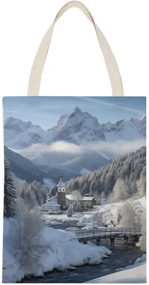 Reusable Canvas Tote Bag Winter Landscape in The Bavarian Alps Print Energetic Bag Single Sided Printed Bag Canvas Bag Personal Item Travel Bagreusable Canvas Tote Bag Print Energetic Bag Single Sided