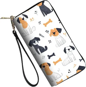 RFID Blocking Leather Wallet for Women – Large Capacity Zip Around Clutch with 8 Card Slots,9 Cash Pockets & Coin Zipper,Cartoon Dogs Design