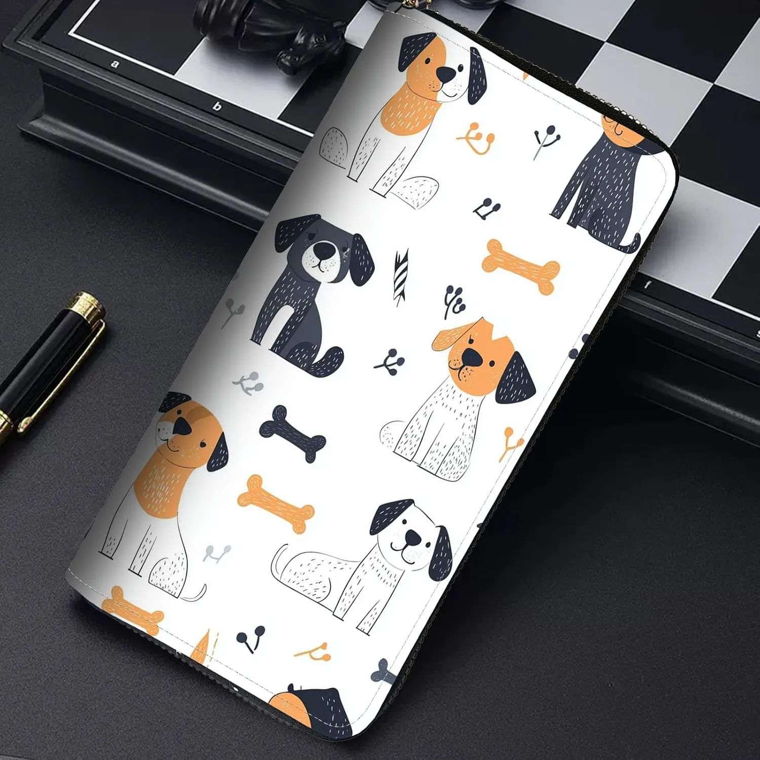 RFID Blocking Leather Wallet for Women – Large Capacity Zip Around Clutch with 8 Card Slots,9 Cash Pockets & Coin Zipper,Cartoon Dogs Design