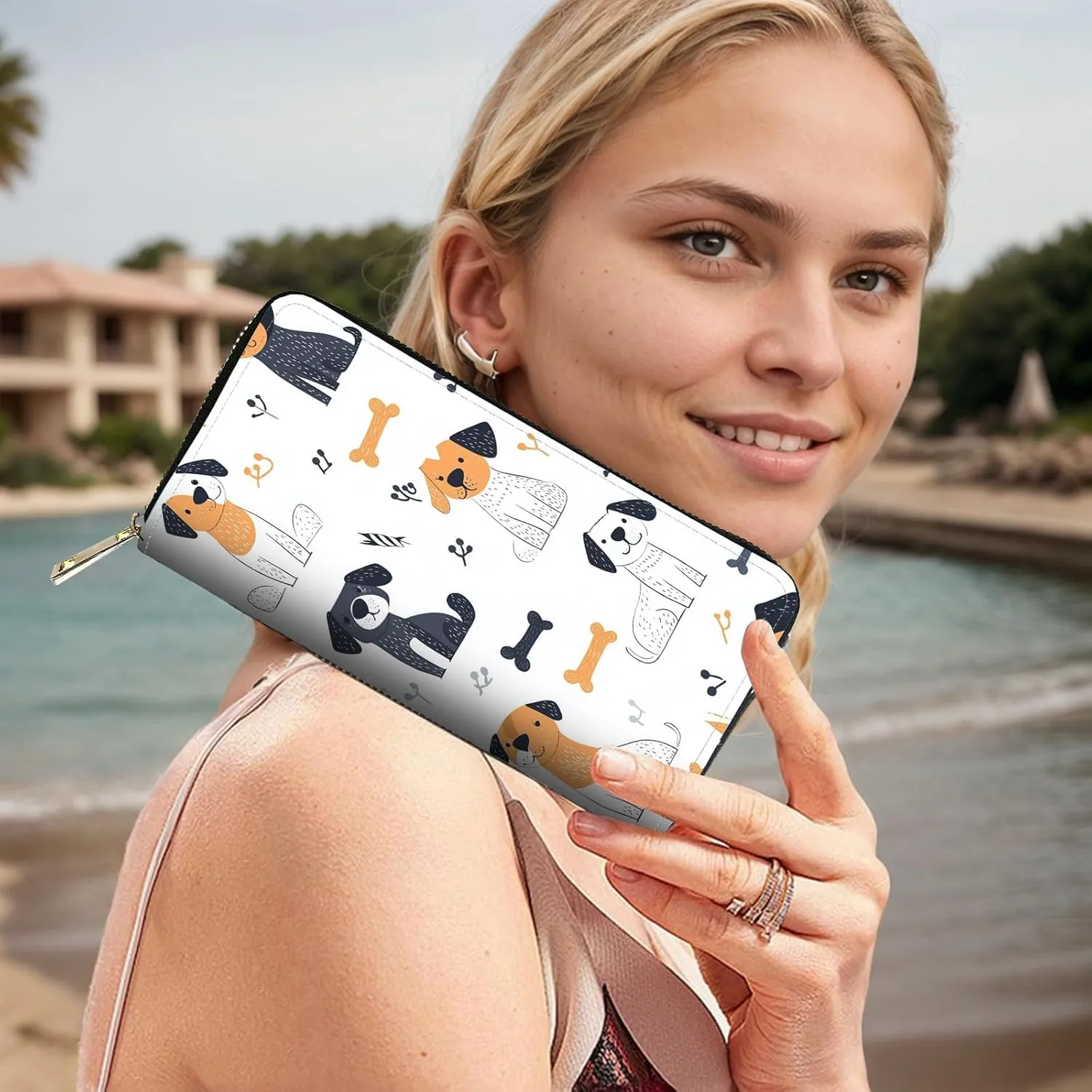 RFID Blocking Leather Wallet for Women – Large Capacity Zip Around Clutch with 8 Card Slots,9 Cash Pockets & Coin Zipper,Cartoon Dogs Design