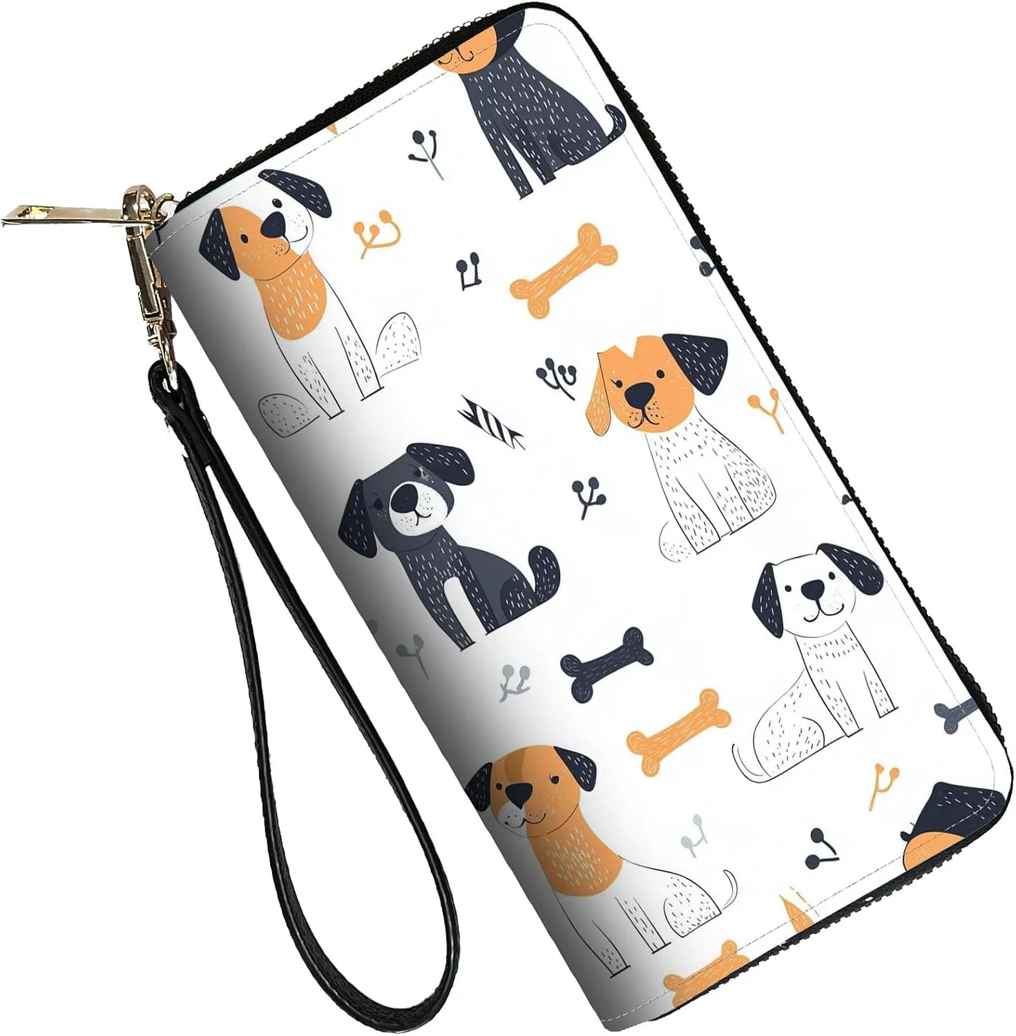 RFID Blocking Leather Wallet for Women – Large Capacity Zip Around Clutch with 8 Card Slots,9 Cash Pockets & Coin Zipper,Cartoon Dogs Design