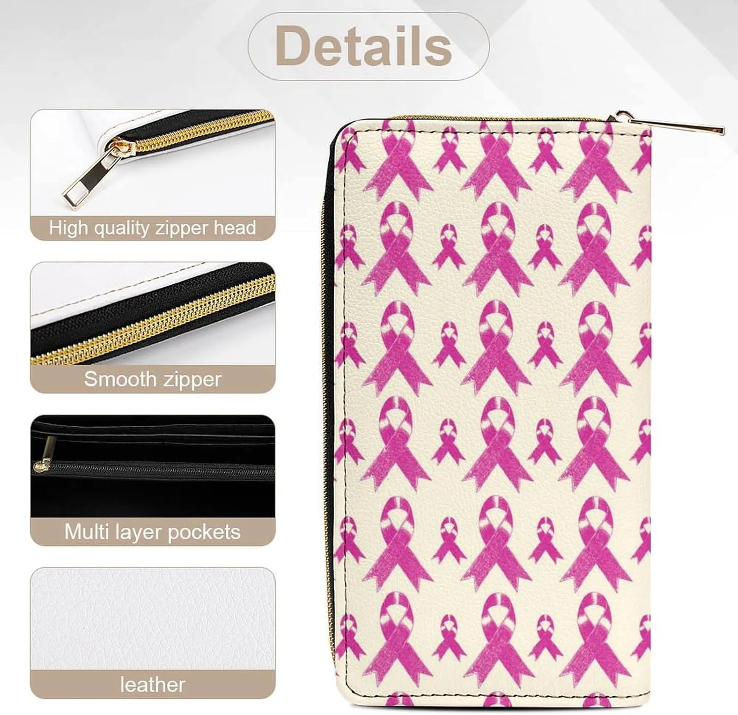 Ribbon Breast Cancer Awareness Women's Leather Small Wallet Clutch Wallet - Lightweight And Easy to Carry, 19.7x10.5cm, style-1-1