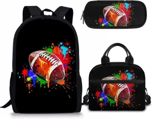 Rnyleeg Boys School Bag Rugby Football Painting Print Kids Girls Primary School Backpacks with Insulated Lunch Box Pencil Holder,3 Pack