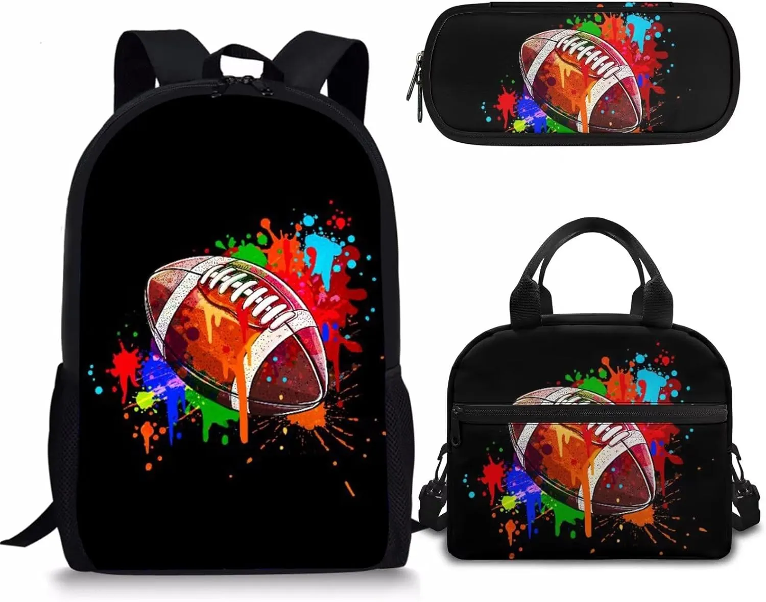 Rnyleeg Boys School Bag Rugby Football Painting Print Kids Girls Primary School Backpacks with Insulated Lunch Box Pencil Holder,3 Pack