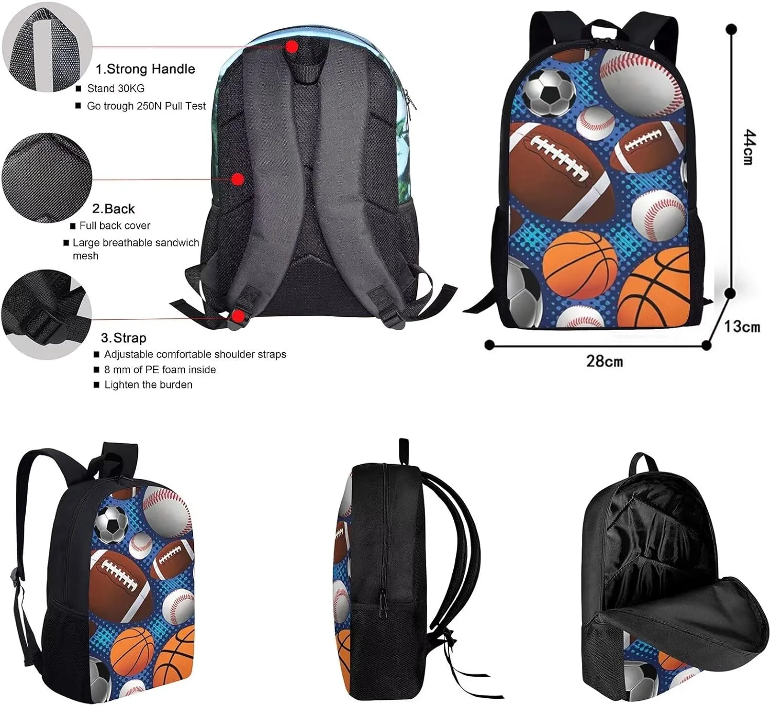 Rnyleeg Boys School Bag Rugby Football Painting Print Kids Girls Primary School Backpacks with Insulated Lunch Box Pencil Holder,3 Pack