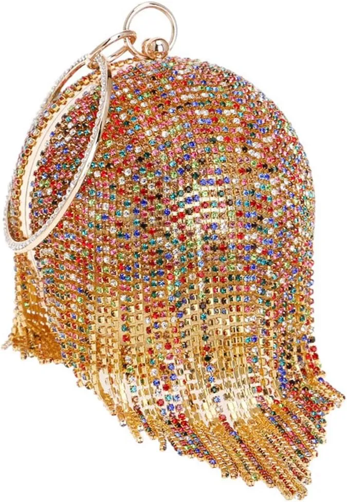 Round Ball Clutch Purse Women Crystal Evening Bag Tassel Wedding Party Handbag