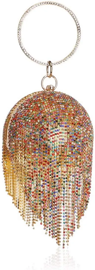 Round Ball Clutch Purse Women Crystal Evening Bag Tassel Wedding Party Handbag