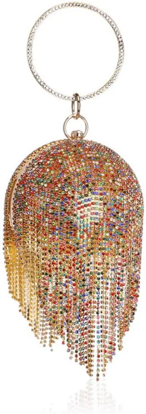 Round Ball Clutch Purse Women Crystal Evening Bag Tassel Wedding Party Handbag