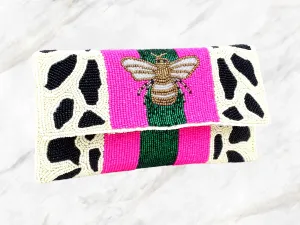 Royal Bee Clutch- Italian Striped bee hive Clutch, Handmade Beaded Crossbody Chain Clutch Bag Handbag, Red and green stripe, beaded
