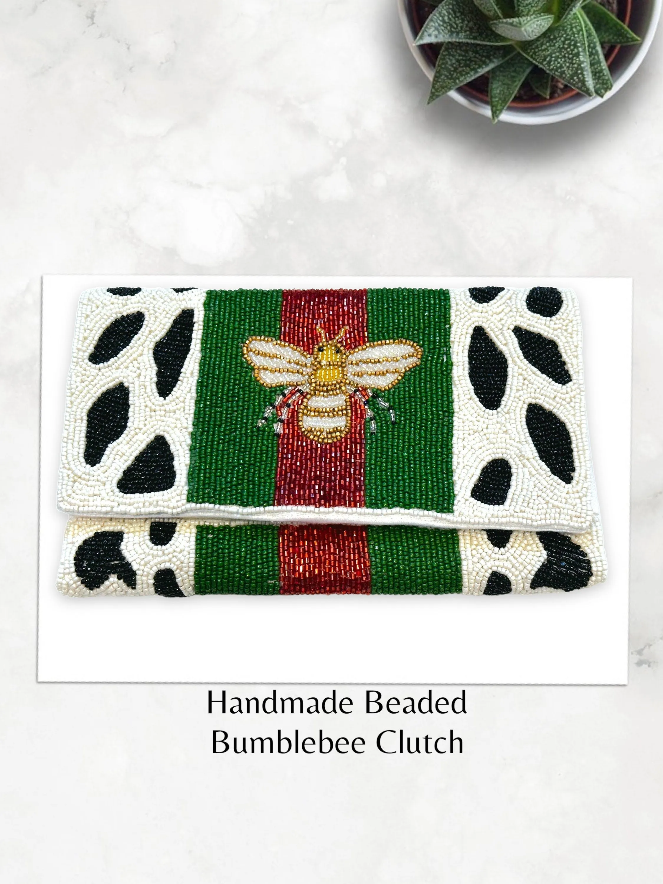 Royal Bee Clutch- Italian Striped bee hive Clutch, Handmade Beaded Crossbody Chain Clutch Bag Handbag, Red and green stripe, beaded