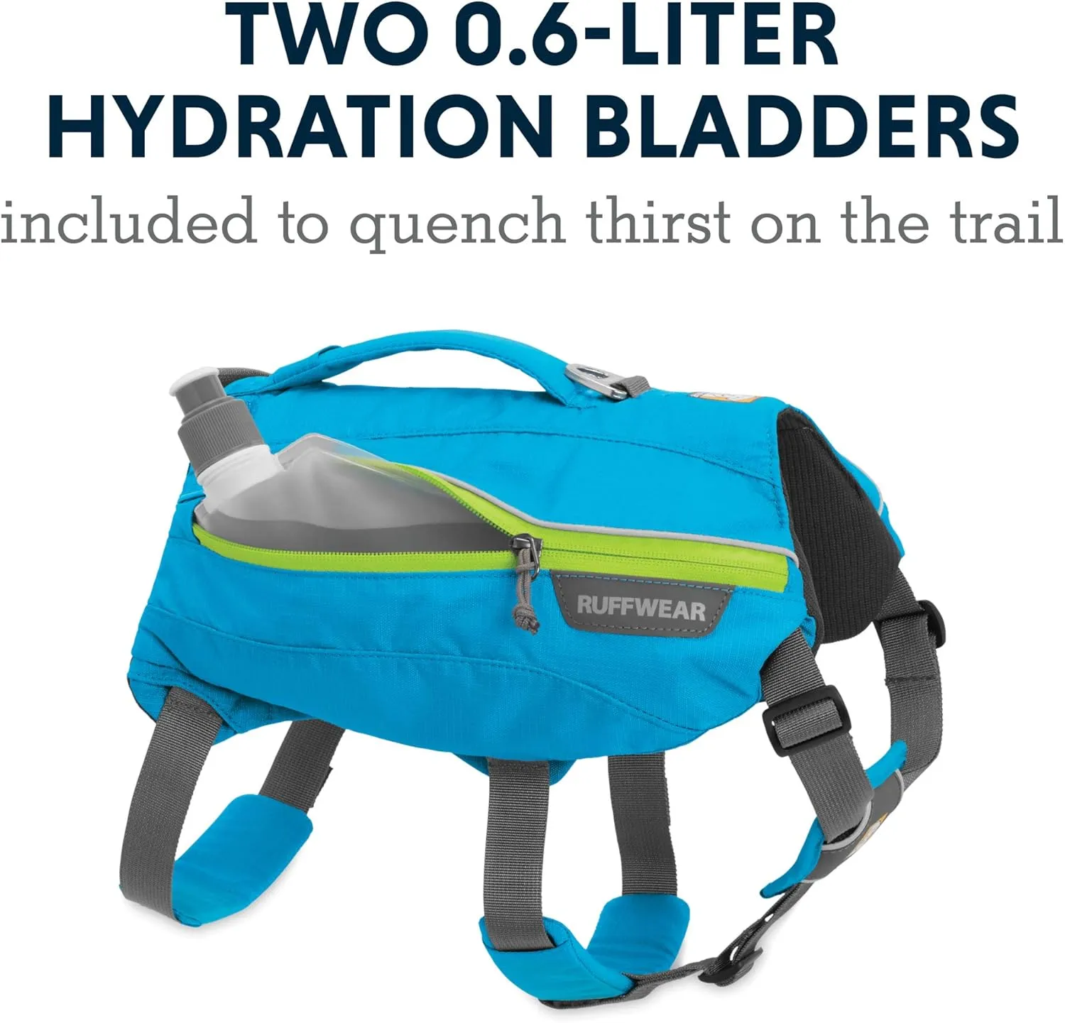RUFFWEAR Hydration Pack for Dogs, Includes 2 600 ml Water Bottles, Small Breeds, Adjustable Fit, Size: Small, Blue Dusk, Singletrak Pack